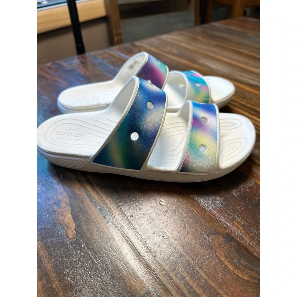 Crocs Classic Sandal White Multi Solarized Spray Two Strap Slide Men 7 Women 9 - Picture 2 of 10